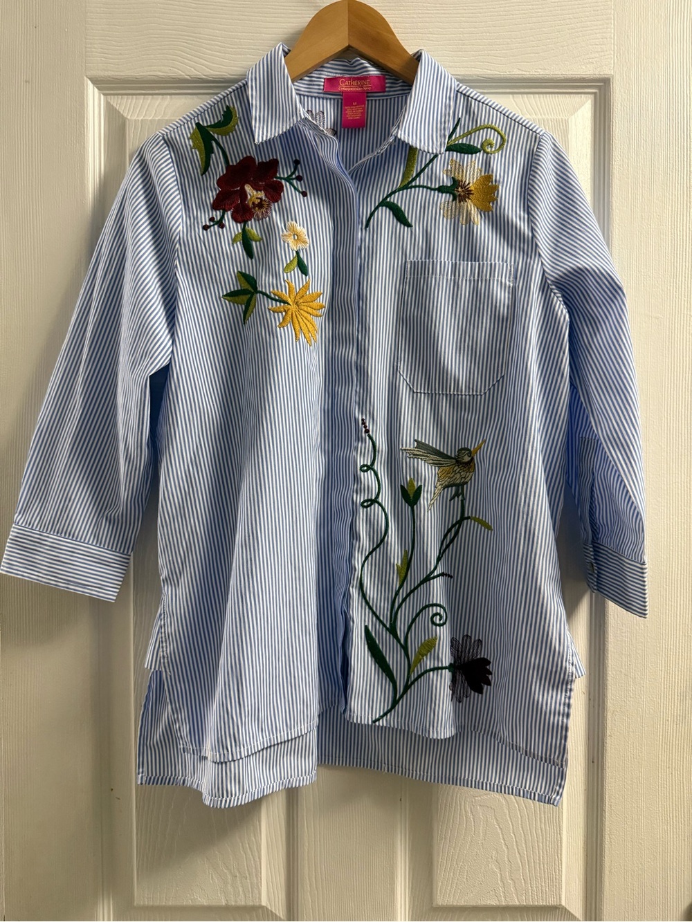 Catherine Malandrino blue and white pinstriped button-up blouse medium
